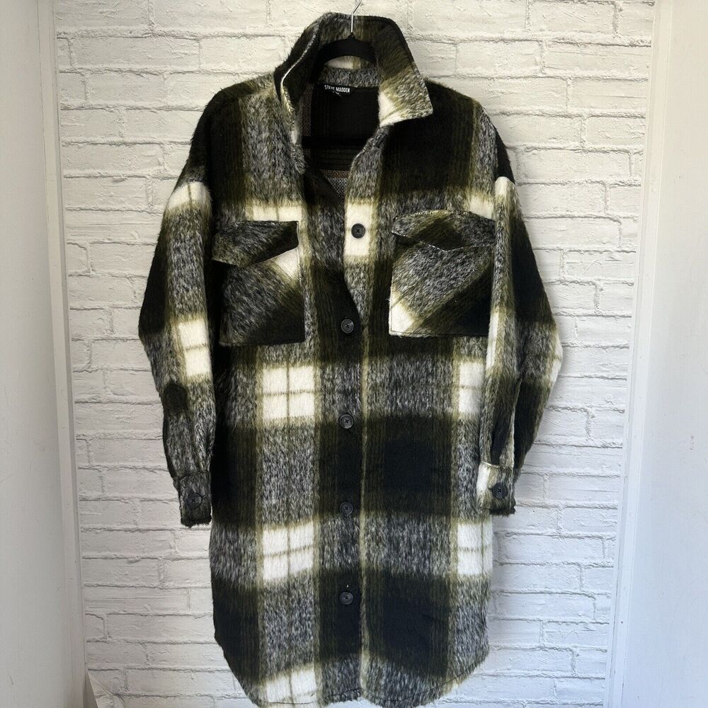 Steve Madden Shacket Dress Jacket Medium Long Sleeve Button Up Green Black White
